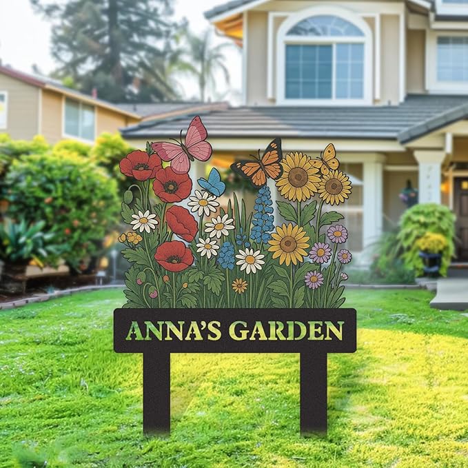 Personalized Garden Signs, Colorful Flowers Garden Decor for Outside, Decorative Yard Stakes, Metal Yard Art, Patio Decor, Custom Last Name Sign, Lawn Art, Housewarming Gifts Color09