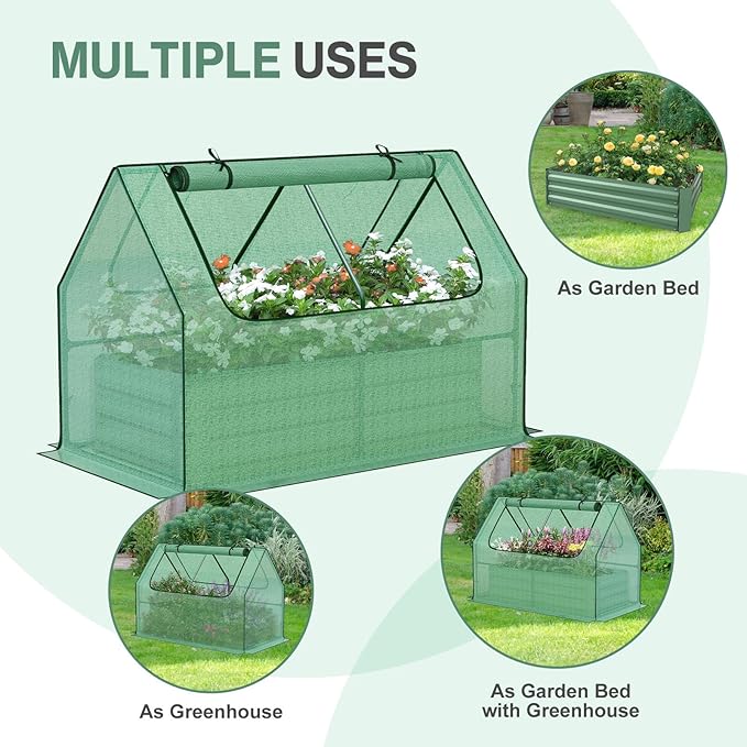 Aoodor Raised Garden Bed Kit, 4x2x1 FT Galvanized Planter Box with PE Cover, Screen Windows for Gardening, Green