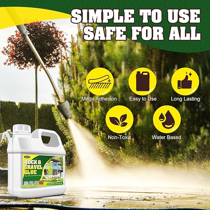 Mulch Glue, Rock Glue 0.5 Gallon / 64oz - Fast Drying and Long Lasting Pea Gravel Stabilizer & Mulch Adhesive Safe for Lockdown Sticky Rocks, Bark, Rubber - Gravel Binder for Garden, Driveway, Walkway