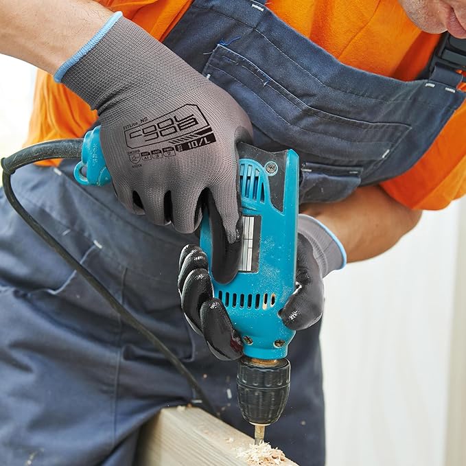 COOLJOB 10 Pairs Nitrile Dipped Safety Work Gloves with Grip, Non-slip Rubber Coated Bulk Garden Gloves for Men, Heavy-duty Oil Resistant for Truck Driver, Warehouse Box Handler, Small, Gray