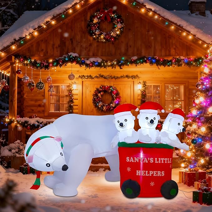 DR.DUDU 7 FT Christmas Inflatables Polar Bear with Santa Hat, Christmas Bear Blow up Outdoor Decorations for Lawn Garden Yard Xmas Holiday Party
