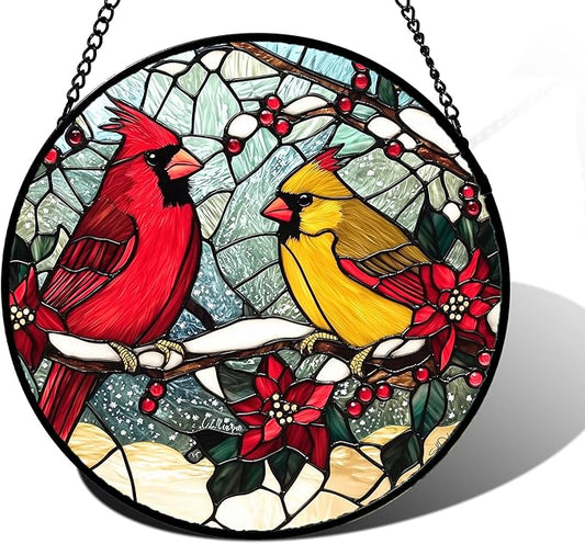 Stained Glass Window Hanging, Love Birds Cardinals Sun Catchers Colorful Glass Panel Birds Suncatcher Decor for Birthday for Women, Men, Wife, Lovers, and Mom 9.8 in