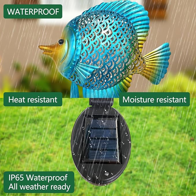HONGLAND Solar Pathway Lights, Outdoor Solar Powered Garden Lights with Warm Yellow LED, Metal Fish Design Stake for Lawn, Yard, Patio and Landscape Decoration (Waterproof)