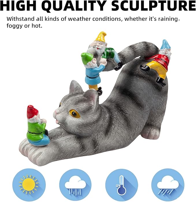 Adorable Cat with Gnomes Garden Statue, Hand-Painted Resin Outdoor Decor for Patio & Lawn, Unique Gift for Cat Lovers & Mothers, Weatherproof Yard Ornament