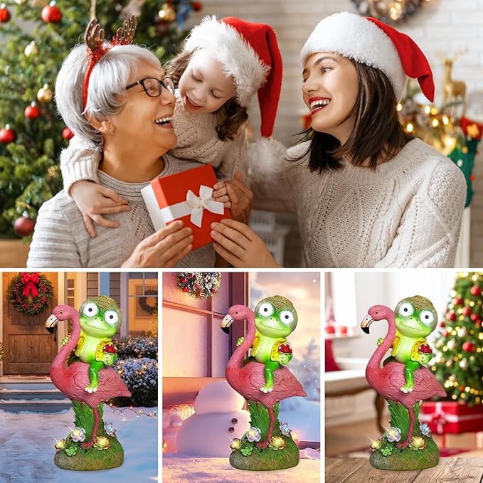 Solar Garden Decor Statue, Waterproof Flamingo Frog Outdoor Figurine with Lights, Cute Christmas Birthday Housewarming Gift for Women, Mom, Grandma, Art Decor for Yard Lawn Ornament