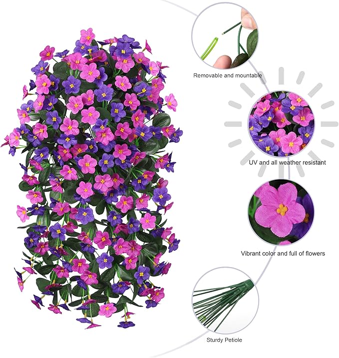 Artificial Fake Hanging Flowers Plants Vines for Outdoor Summer Decoration, 2PCS Faux Silk Orchid Long Stems Look Real UV Resistant for Home Outside Garden Wall Indoor(Dark Purple and Fuchsia)