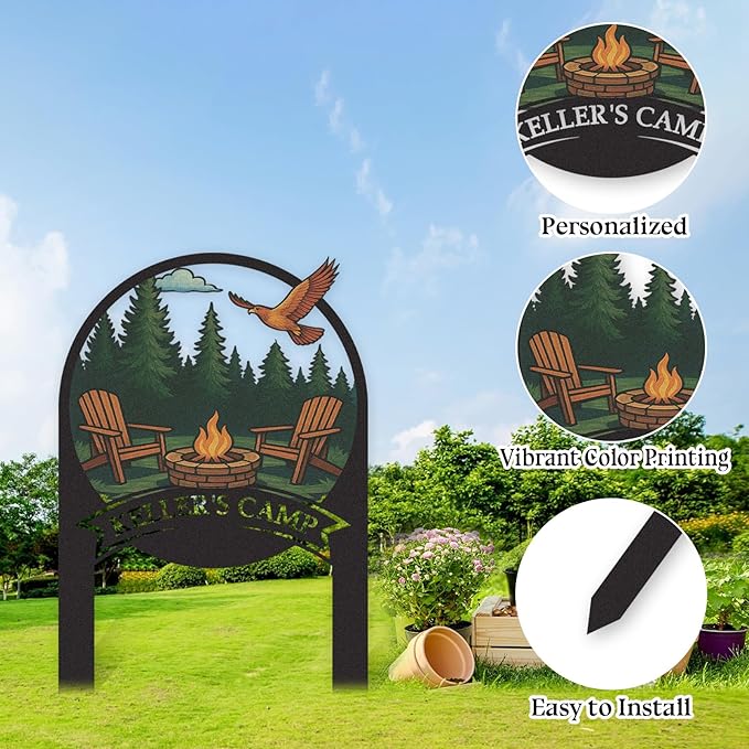 Personalized Camping Signs, Colorful Camping Decor for Outside, Customized Camp Name Sign with Stakes, Custom Signs Outdoor Metal, Metal Yard Art, Patio Decor, Gifts for Campers Color08