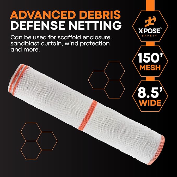Xpose Safety Construction Safety Debris Netting - 150 Ft Temporary Material Roll, 1/16" Mesh Scaffold Net Enclosure, Visibility Barrier, Fencing Roll, Heavy Duty Fire Retardant 8.5 ft x 150 ft, White