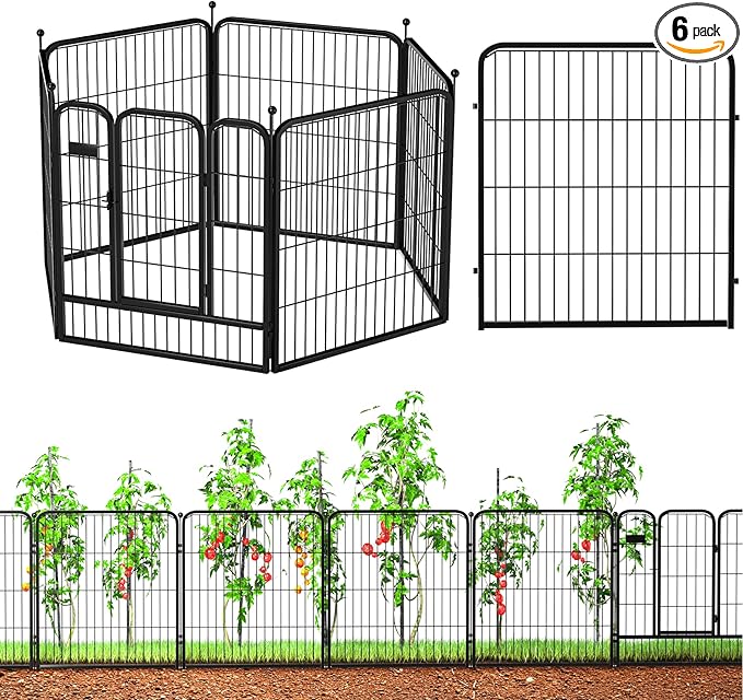 ZXMOTO Outdoor Garden Fence with Gate 6 Pack 32in(H) x14ft(L) Heavy Duty Metal, Decorative Outdoor Yard Fencing for Dogs, Temporary Dog Fence for Backyard, Patio & Garden Beds Easy Setup