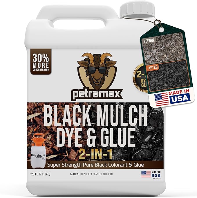PetraMax Mulch Glue for Landscaping - Max Concentrate Weed Barrier, Non-Toxic Pea Gravel Binder, Rock Stabilizer for Landscaping - Dries Clear (Black Dye, 1G)
