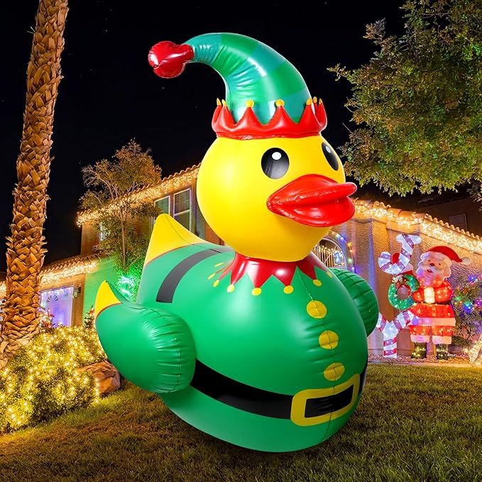 2 Pcs 4.6 Feet Christmas Giant Inflatable Elf Duck Outdoor Decorations,Huge Blow Up Yard Yellow Duck with Green Red Elf Cloth Duck Pool Float for Indoor Christmas Holiday Party Garden Patio Lawn Decor