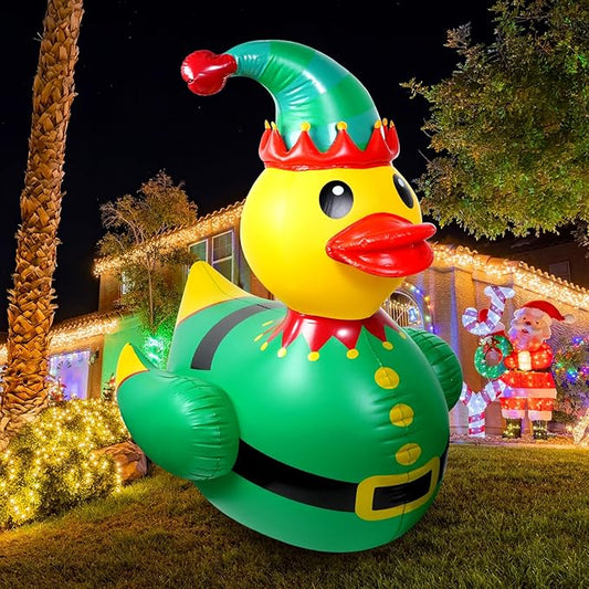 1 Pcs 4.6 Feet Christmas Giant Inflatable Elf Duck Outdoor Decorations,Huge Blow Up Yard Yellow Duck with Green Red Elf Cloth Duck Pool Float for Indoor Christmas Holiday Party Garden Patio Lawn Decor