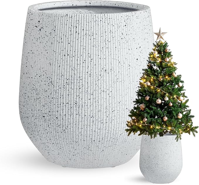 16.5"H x 15"D Ribbed Corso Fiberstone Round Planter - Christmas Tree Planter, Weather Resistant for Indoor & Outdoor Use, Included 2 Extra Coco Mats (Ribbed Speckled White,11.5" Pot Opening)