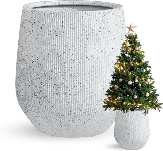 16.5"H x 15"D Ribbed Corso Fiberstone Round Planter - Christmas Tree Planter, Weather Resistant for Indoor & Outdoor Use, Included 2 Extra Coco Mats (Ribbed Speckled White,11.5" Pot Opening)