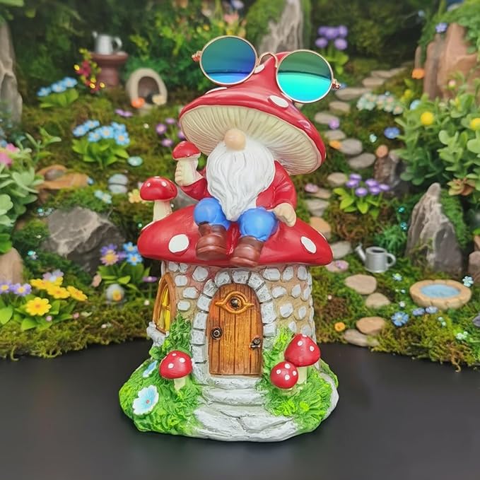 Solar Garden Gnome Decorations Outdoor Statue, 8.3" Fairy Gnomes House Ornaments for Outside, Mushroom Decor for Yard Patio Lawn Proch, Gardening for Women Mom Grandma Kids