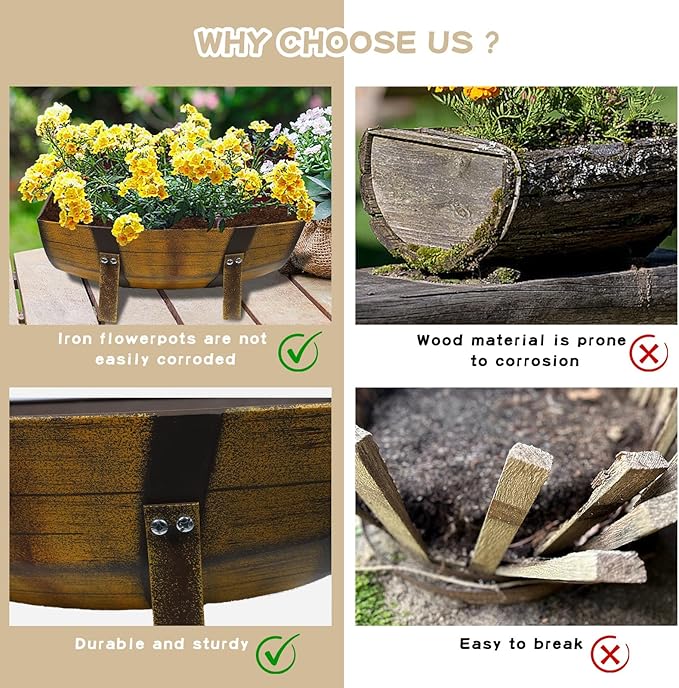 15.43In 2 Pack Rustic Barrel Planters, Decorative Outdoor Garden Backyard Planter with Legs, Metal Flower Pot Half Barrel Planter Box, Brown