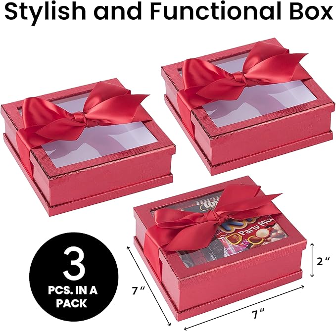 Hammont Clear Boxes for Gifts - Premium Clear Gift Box - Clear Cake Box - Gift Box with Window for Treats, Cupcakes & Baked Goods | 7"x7"x2" (Red)