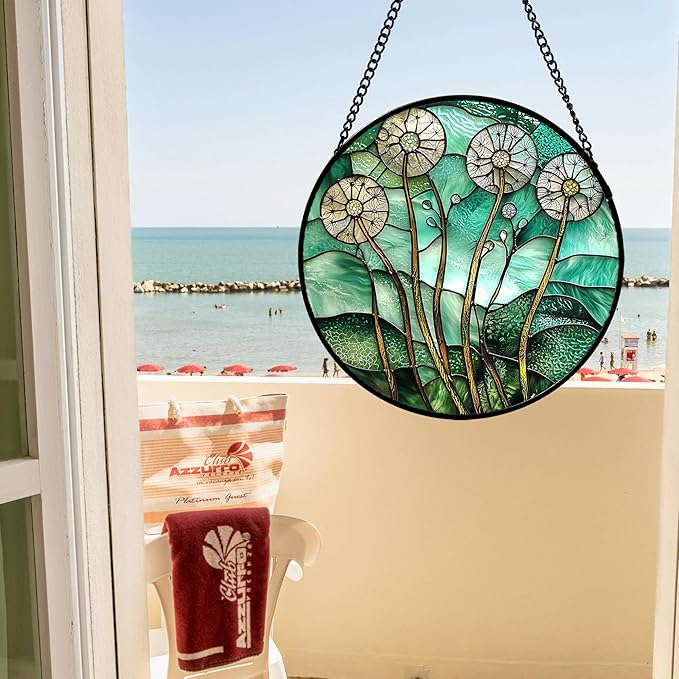 Stained Glass Window Hanging, Green Abstract Lotus Leaves Tree Sun Catcher for Window Door Home Decor Plant Suncatcher Christmas Mother's Day Birthday Gifts for Women Men Mom Nana 11.8 in