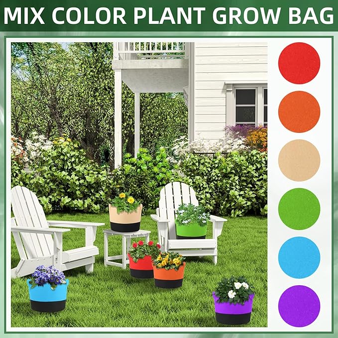12 Pack 7 Gallon Grow Bags Colorful Fabric Plant Pots with Handles 7 Gal Garden Grow Bags Fabric Grow Pots Plant Growing Bags Vegetable Planting Bags for Garden and Outdoor (7 Gallon)
