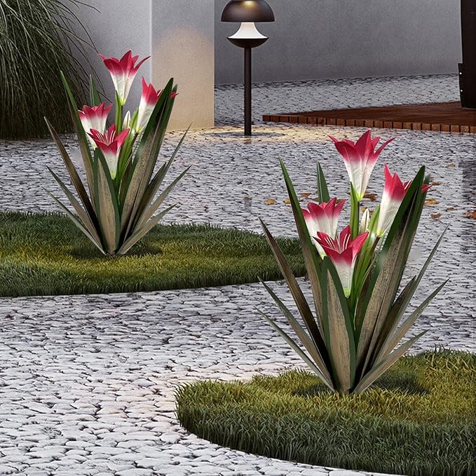 Homight Metal Agave Plant Outdoor Decoration Lily Mexican Yard Art Garden Gift Home Decor Hand Painted Metal Agave Garden Yard Statue, Outdoor Lawn Ornaments (2 Big Red Lilies)