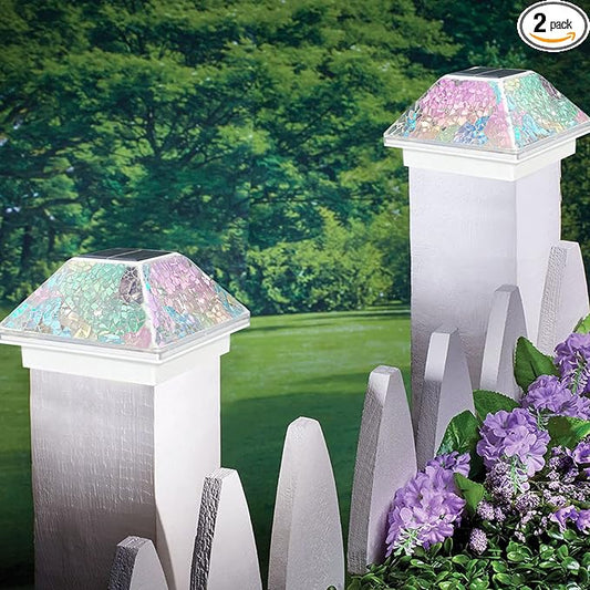 SUNNYPARK 2PK Mosaic Solar Post Cap Lights Outdoor for 4x4, 3.5x3.5 Post Crackled Glass Deck Fence Lamp Weatherproof LED Light Decor in Garden, Yard, Outdoor Table, Balcony, Landscape- Iridescent