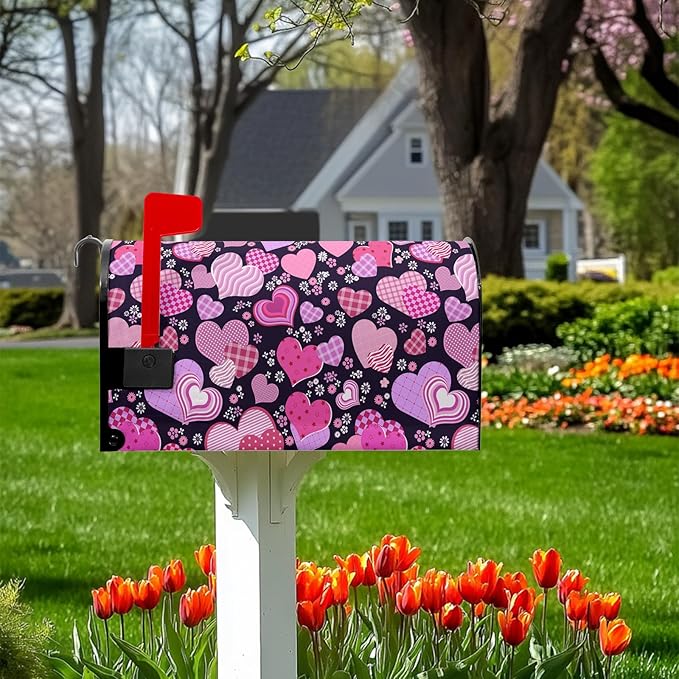Happy Valentines Mailbox Covers Magnetic Standard Size 21x18 inch Red Pink Love Heart Mail Box Post Letter Box Cover for Home Outdoor Garden Yard Decor