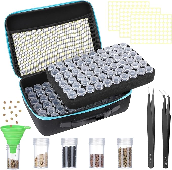 XLSXEXCL120 Slots Seed Storage Organizer Sturdy Seed Organizer Storage Box Plastic Storage Containers, Label Stickers, Funnel, Straight and Curved Tip Tweezers for Flower Vegetable Plants Garden