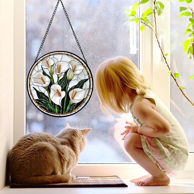 Stained Glass Window Hanging, White Calla Lily Flowers Sun Catchers Glass Panel Plant Suncatcher Decor for Birthday for Women, Men, Wife, Aunt, and Mom 11.8x11.8 in