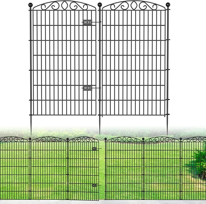 5 Panel No Dig Decorative Garden Fence with Gate - 48in H x 11.2ft L, Tall Animal Barrier for Dogs Rabbits, Rustproof Metal Wire Panels for Yard, Patio, and Outdoor Border Use