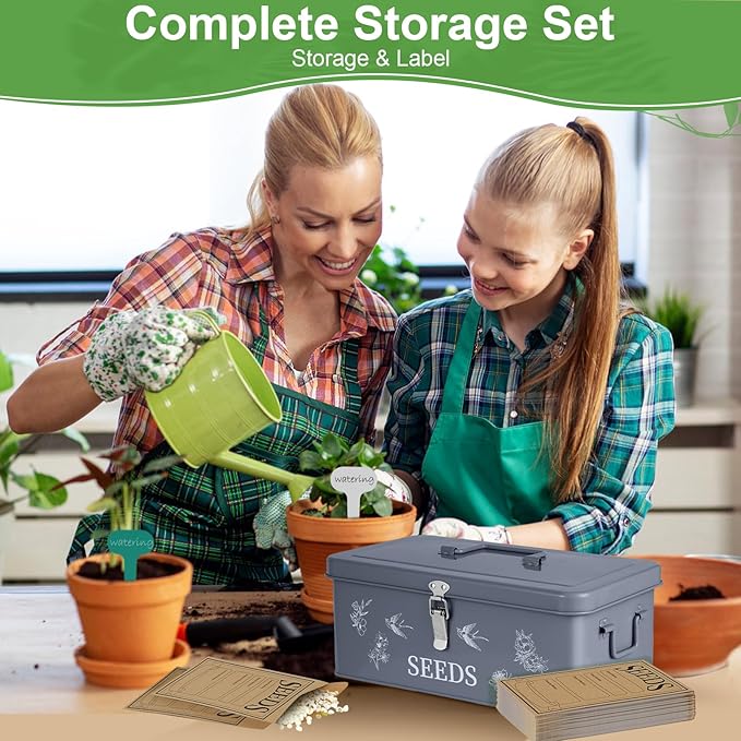 FACULX Seed Organizer Storage Box, Seed Saver Kit with 40 Plant Labels and 40 Seed Envelopes, Metal Seed Storage Organizer, Seed Saving Box, Seed Packet Container, Large, Grey