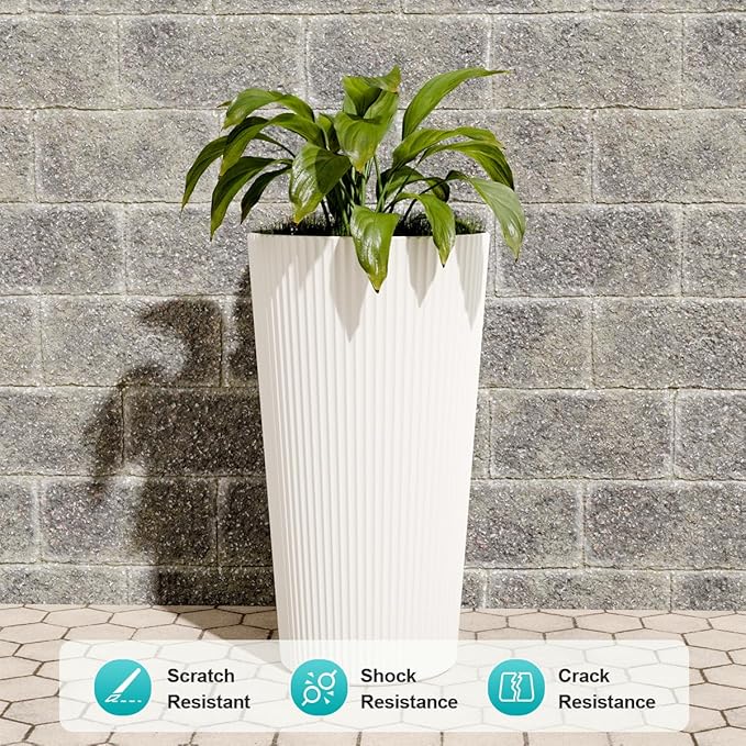 23.6" Tall Outdoor Planters, Set of 2 Large Plastic Flower Pots for Indoor & Outdoor Use, Modern Striped Decorative Garden Planters with Drainage Holes for Patio, Porch, Balcony, White