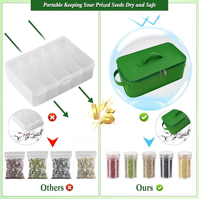 Seed Storage Organizer, 60 Slots Seed Saving Box, Thick Fabric Seed Bin 3 Compartment Seed Packet Container for Vegetable Flower Plants Garden