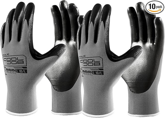 COOLJOB 10 Pairs Nitrile Dipped Safety Work Gloves with Grip, Non-slip Rubber Coated Bulk Garden Gloves for Men, Heavy-duty Oil Resistant for Truck Driver, Warehouse Box Handler, Small, Gray