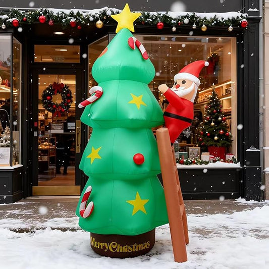 9FT Christmas Inflatables Decorations Santa Claus Climbing Ladder with Christmas Tree, Built-in Bright LEDs, for Yard Garden Lawn Home Party