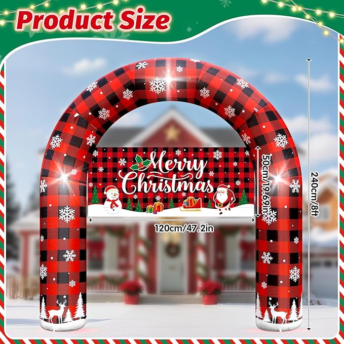 8 FT Giant Inflatable Inflable Merry Christmas Arch Decoration with LED Lights, Blow Up Decor for Outdoor Yard Lawn Sign Backdrop (Buffalo Plaid Porch)