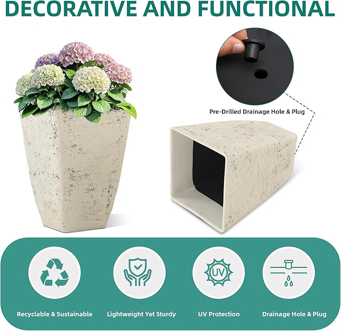 18.9" H Country White Square Planters for Outdoor Plants,Set of 2 Large Flower Pot with Drainage Hole, Weather-Resistant for Porch,Garden,Patio or Indoor Use. Ideal for Christmas Decoration