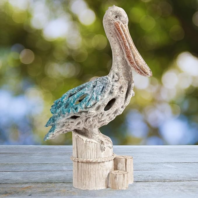 Blue Pelican on Post Figurine – 13.75” Coastal Nautical Decor, Coral Reef Ocean Statue for Beach Home Accent, Shelf, Mantel, or Tabletop Display