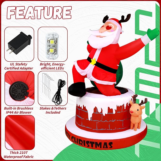 UPWELL 8FT Inflatable Chimney Santa Claus - Classic Outdoor Holiday Yard Decoration with LED Lights, Self-Inflating, Stable & Durable, Suitable for Christmas Decor & Events