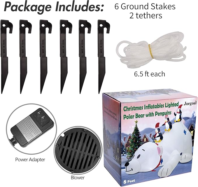 Juegoal Christmas 7.7(L) x 6 FT(H) Inflatables Lighted Polar Bear with Three Penguins, Blow Up White Bear Happy Fishing Penguin, Indoor Outdoor Xmas Winter Decor Lawn Yard Garden Decorations