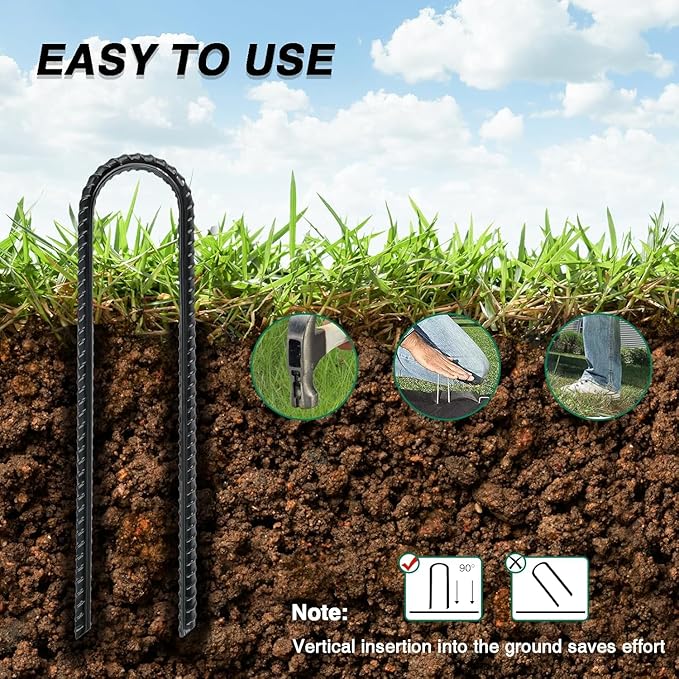 12 Inch Rebar Stakes Heavy Duty, 6 Pack Garden Stake U-Hook, Electrostatic Rust Proof Metal Stakes for Tent, Landscape,Outdoor Decorations, Fabric Ground Cover, Tube Fixing (Black, U-12in-6pc)