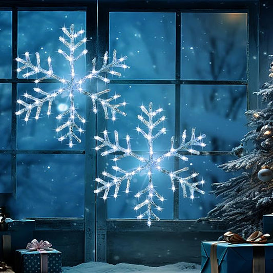 Christmas Window Snowflake Lights Decorations, Battery Operated Led Hanging Iron Lights, 8 Lighting Modes for Home Bedroom Indoor Outdoor Wall Holiday Decor (Cool White, 2 Pack)