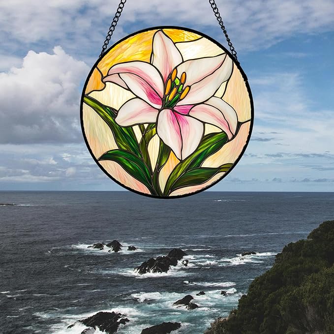 Stained Glass Window Hanging 4 Pcs Set Lily Rose Sunflower Poppy Large 11.8" - Flower Suncatcher Door Garden Sun Catcher Decor Birthday Mother's Day for Wife Woman Nana Girl