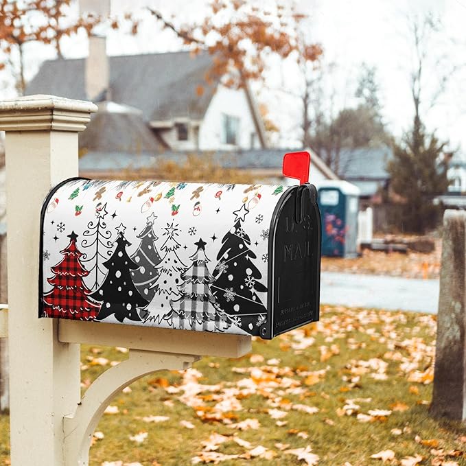 Xmas Trees Mailbox Cover Magnetic 25.5"x21" Red Black Buffalo Plaids Falling Snowflakes Winter Collection Mailbox Wrap Post Cover Large Size for Yard Garden Outside Holiday Decor