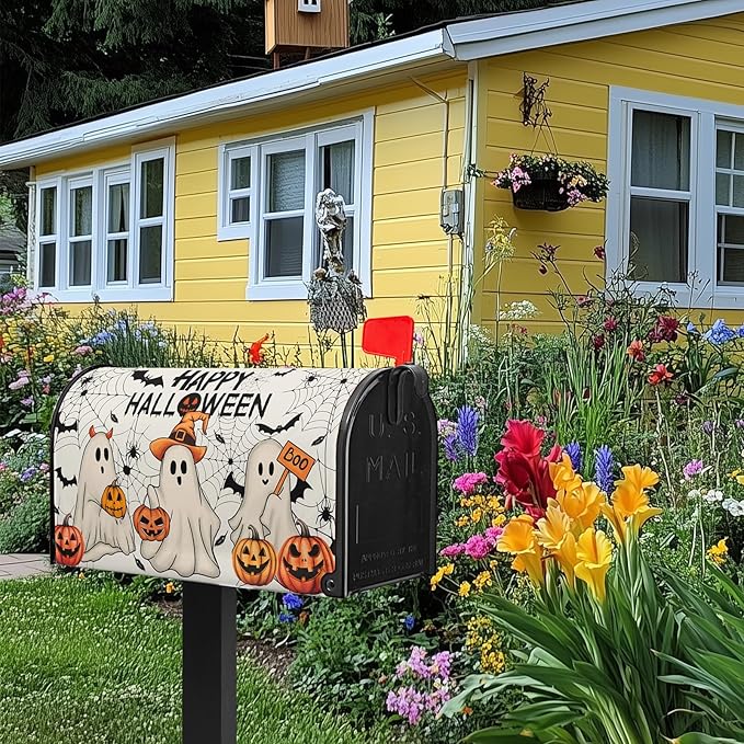 Happy Halloween Mailbox Covers Magnetic Boo Ghost Mail Box Cover Pumpkin Mailbox Wraps Magnetic Standard Size 21x18 inch for Outside Garden Yard Spider Web Bat