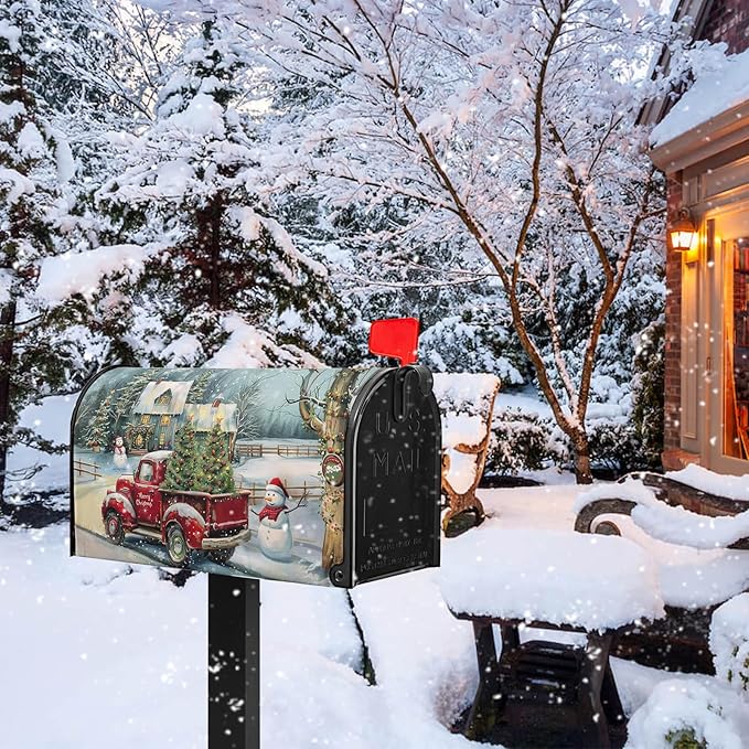 Winter Red Truck Mailbox Covers Magnetic Standard Size 21x18 inch Christma Tree Mailbox Covers Snowman Mail Box Wraps for Outside Garden Yard