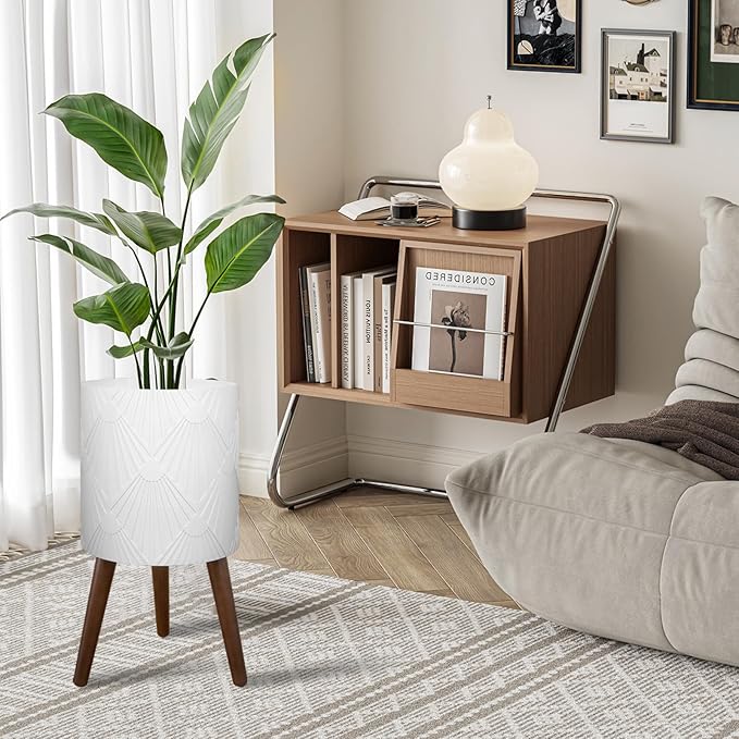 Plant Pot with Stand, Large Planters for Indoor Plants, Modern Standing Round Flower Pots Indoor with Wood Planter Holder, White Maple Leaf Pattern, 2 PCS (10 inch+12 inch)