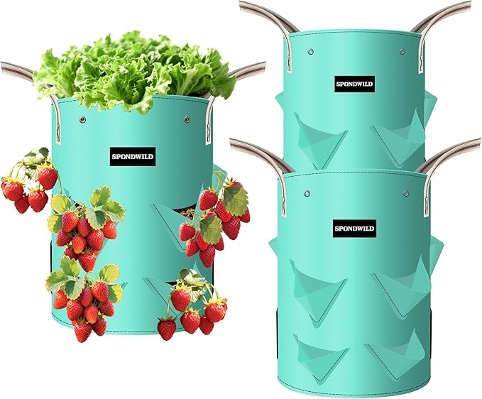 (BFCM Deal 3 Pack 10 Gallon Strawberry Grow Bags, Heavy Duty PE Plant Pots with Breathable Windows and Drainage Holes, Ideal for Strawberries, Veggies, Flowers and Balcony