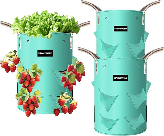 (BFCM Deal 3 Pack 10 Gallon Strawberry Grow Bags, Heavy Duty PE Plant Pots with Breathable Windows and Drainage Holes, Ideal for Strawberries, Veggies, Flowers and Balcony