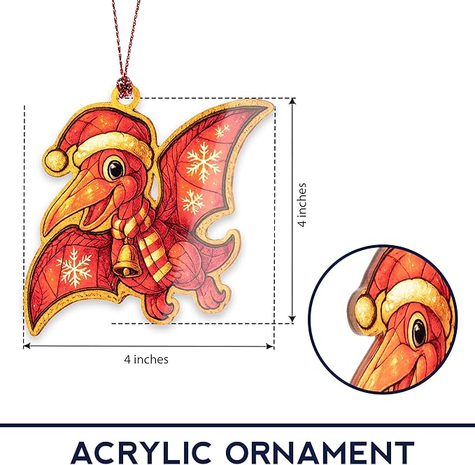 Pterodactyl Ornament – Cute Dinosaur – Flying Dino Decor – Kids Holiday Card – Christmas Dino Ornament – Suncatcher Effect Stained Glass Window Hanging – Car Hanging