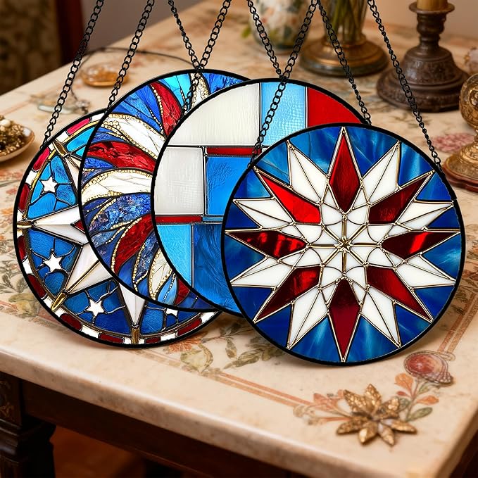 Stained Glass Window Hanging 4 Pcs Set Abstract Flowers in Red White Blue 6.3" - Suncatcher Door Garden Sun Catcher Decor Birthday Mother's Day Xmas Gift for Mom Woman Nana Men Parents
